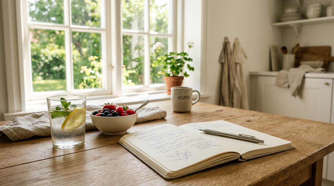 Morgenroutine mit Zitronenwasser und frischen Beeren auf einem sonnenbeschienenen Tisch