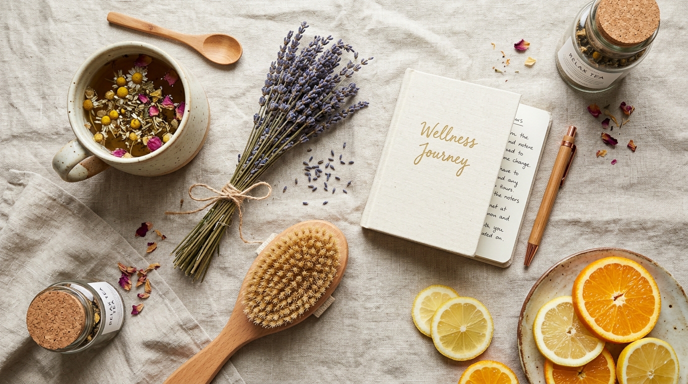 Natürliche Wellness-Produkte auf einer Leinenoberfläche mit Kräutertee und Zitrusfrüchten